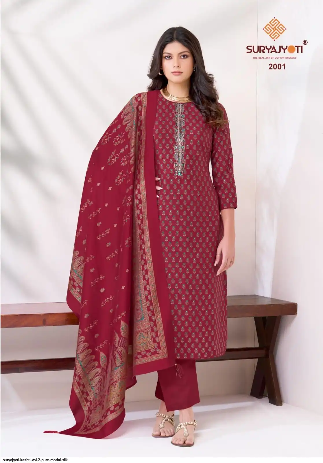 Suryajyoti Kashti Red Modal Silk Suit Set 01G
