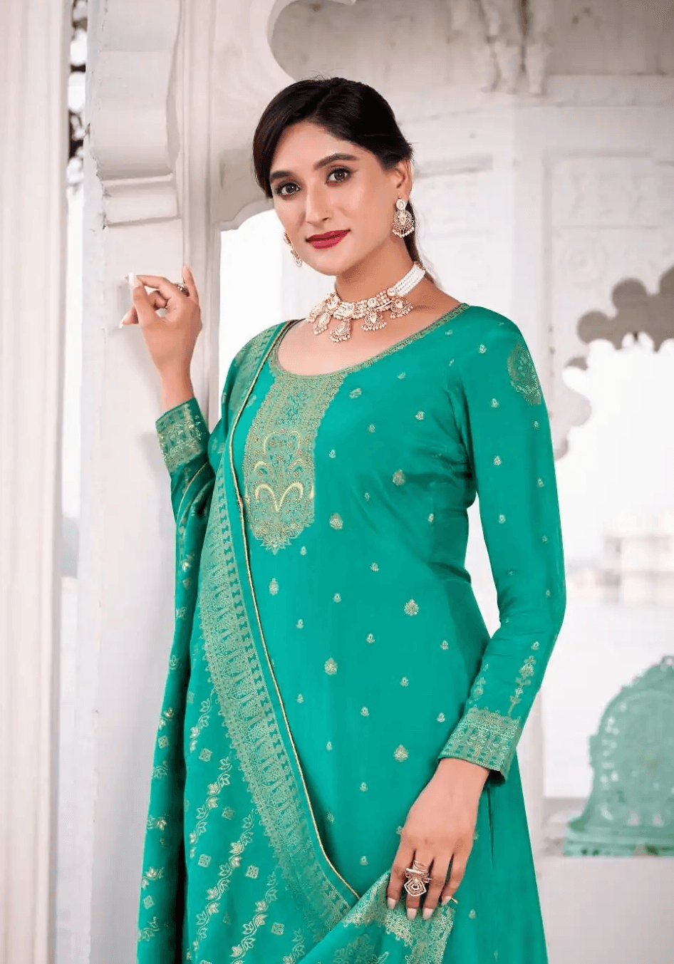 Blue Viscose Dola Silk Jaquard suit set 05D