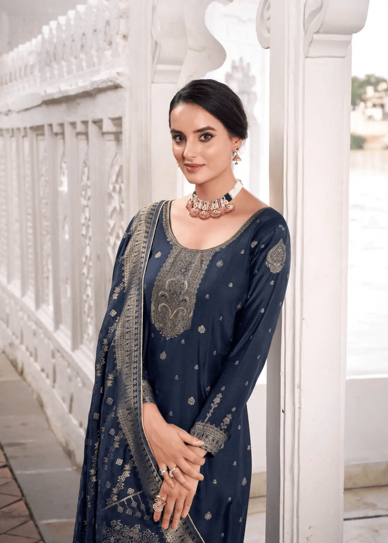 Navy blue Viscose Dola Silk Jaquard suit set 05F