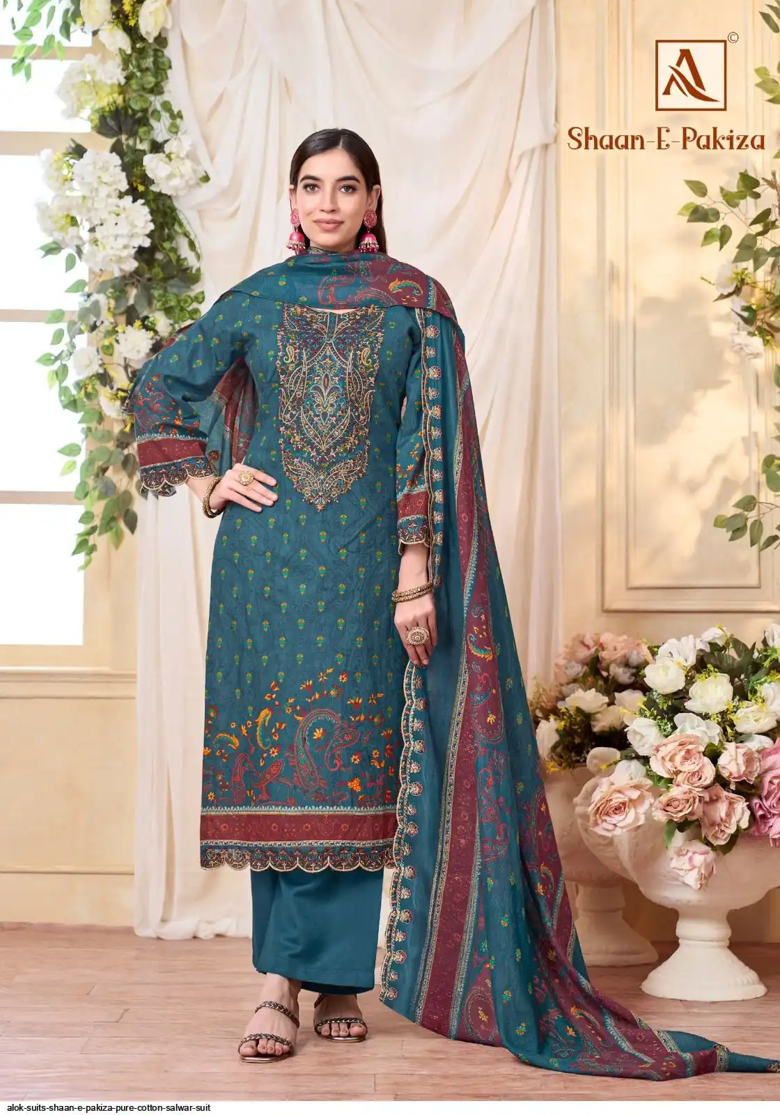Teal Blue Pakistani Cotton Suit Set 08C